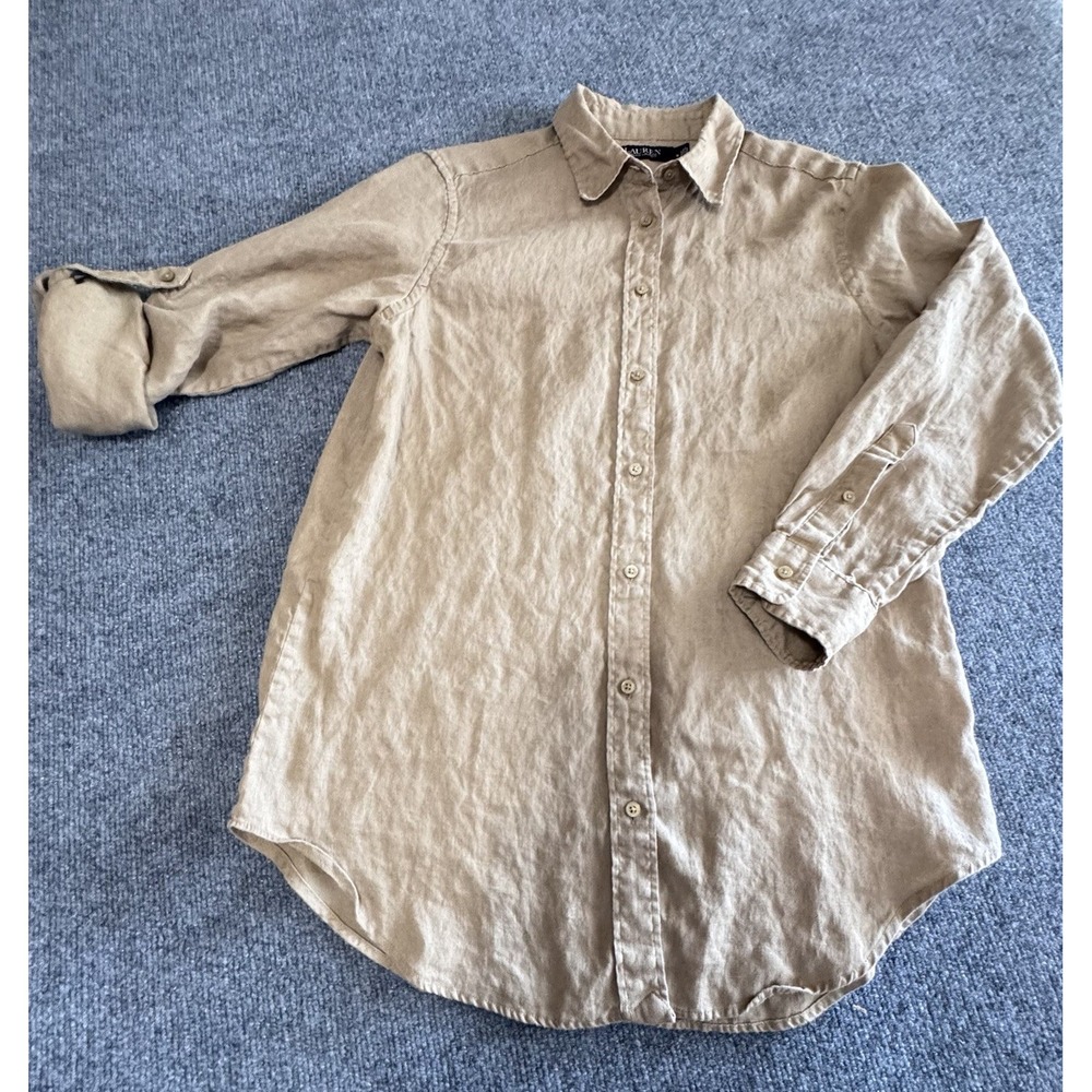 Lauren Ralph Lauren Womens Khaki Linen Roll-Tab Sleeve Button Up Shirt Sz M